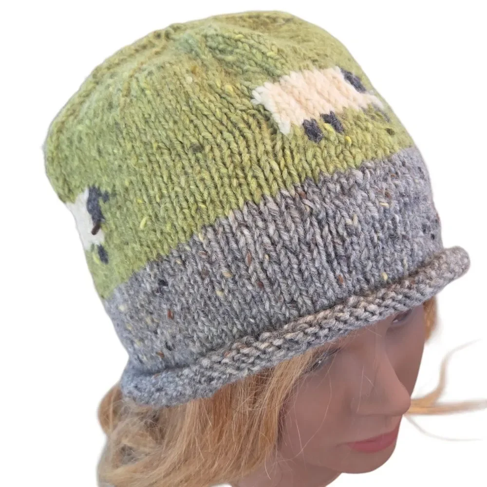 Hand-Knit Wool Beanie Ireland Artisan Sheep Motif Winter Hat NWOT Green Gray